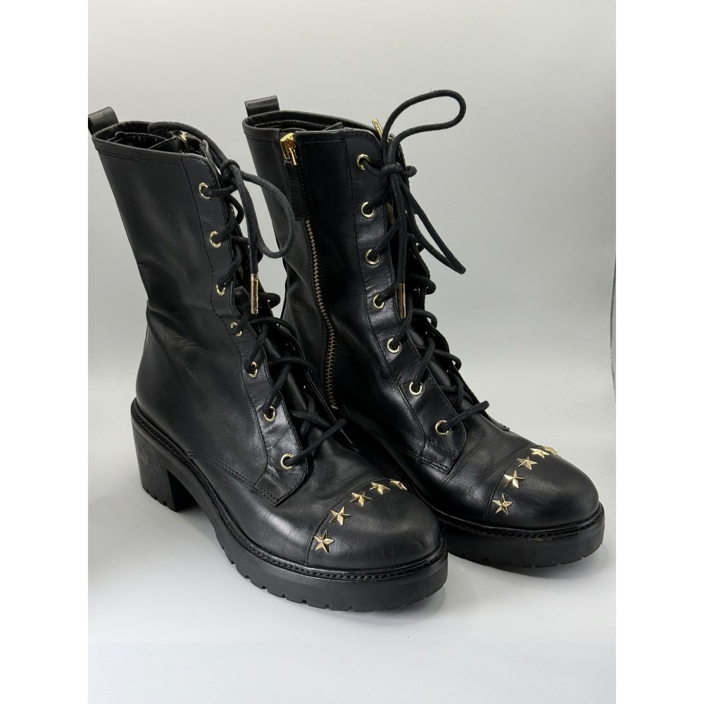 Michael Kors Combat Boots Size 5.5 Black Leather Star Studded Lug Sole Moto Goth
